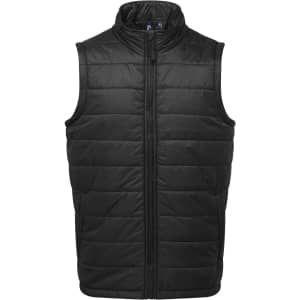 A black padded vest with a high collar and front zipper, featuring a logo on the chest.