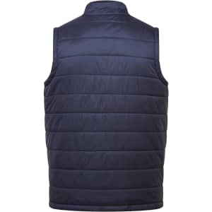 A navy blue puffer vest with a padded design and a collar, featuring a logo on the back.