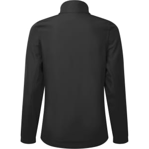 A black women's windchecker softshell jacket featuring a high collar and a sleek design, with a logo on the back.