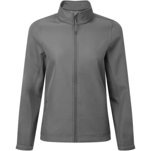 A grey women's softshell jacket with a zip front and a high collar, featuring side pockets and a logo.