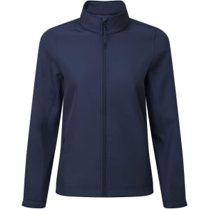A women's softshell jacket in navy blue, featuring a zip front and a collar. It has a logo on the chest.