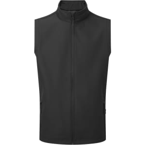 A black soft shell vest with a high collar and zip closure, featuring side pockets and a logo on the chest.