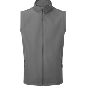 A soft shell vest in grey with a zip front and side pockets. It features a high collar and includes branding.