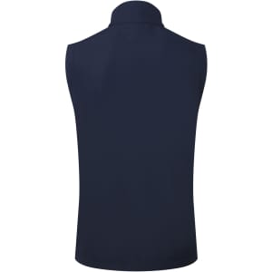 A navy soft shell vest with a high collar, featuring a smooth, sleek design and a logo at the back.