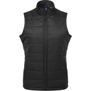 A sleeveless padded vest in black, featuring a zip front and a high collar. It has a logo present.