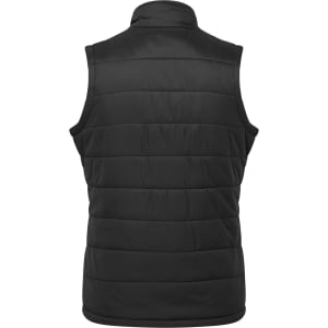 A black padded vest featuring a sleeveless design and quilted texture, with a logo on the back.