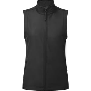 A women's sleeveless windchecker vest in black, featuring a full front zipper and pockets, with branding.