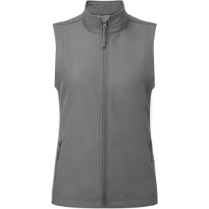 A women's sleeveless windchecker vest in grey with a zip front and side pockets. Features a logo on the design.