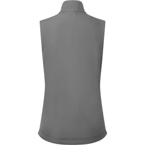 A women's sleeveless windchecker vest in grey featuring a high collar and a logo on the back.