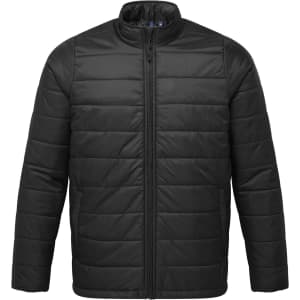 A black padded jacket with a zippered front and a stand-up collar, featuring a logo.