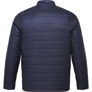 A navy padded jacket with a quilted design, featuring long sleeves and a standing collar. The back view is displayed.