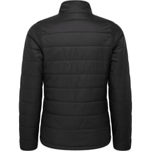 A women's padded puffer jacket in black, featuring a sleek, quilted design and a collar. Includes a logo.