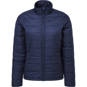 A navy Women's Recyclight Padded Jacket with a zip front and a high collar, featuring a logo.