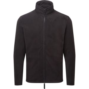 A black polar fleece jacket with a zip front and high collar. Features a logo on the chest.