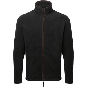 A black polar fleece jacket with a high collar and a front zip, featuring a contrasting zip detail.