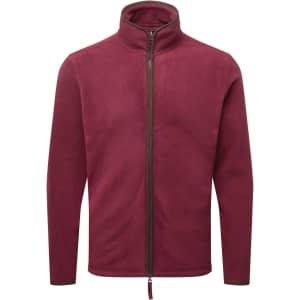 A maroon polar fleece jacket with a full zip and high collar, featuring a small logo on the front.