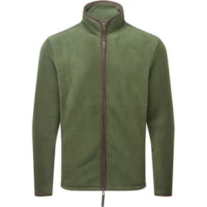 An olive green polar fleece jacket with a high collar and zip closure, featuring a branded logo.