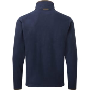A navy blue polar fleece jacket with a collar and long sleeves, featuring a logo on the back.