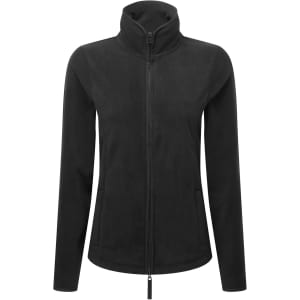 A black women's artisan fleece jacket with a zip front and high collar, featuring side pockets and a logo.