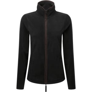 A women's polar fleece jacket in black with a zippered front and high collar, featuring side pockets.