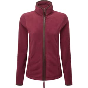 A women's polar fleece jacket in a rich burgundy colour with a zip front and high collar. The jacket features a logo.