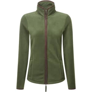 A women's polar fleece jacket in green with a zip front, high collar, and side pockets. It has a small logo.