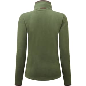 An olive green women's artisan fleece jacket with a high collar and long sleeves, featuring a small logo.