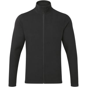 A black microfleece jacket with a full zip and high collar. It features long sleeves and has a branding logo.