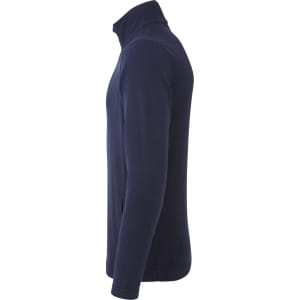A navy blue microfleece jacket with a zip, featuring a high collar and long sleeves. It has a logo on the side.