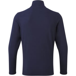 A navy blue microfleece top featuring a high collar and long sleeves, with a branding logo on the back.