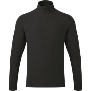 A black microfleece top featuring a 1/4 zip, long sleeves, and a minimalistic design with a logo.