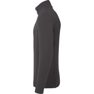 A dark grey microfleece pullover with a quarter zip and high collar. Features long sleeves and a logo.