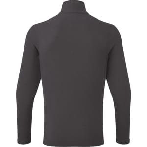 A dark grey 1/4 zip microfleece sweatshirt featuring a high collar and long sleeves, with a logo on the back.