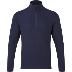 A navy 1/4 zip microfleece pullover with long sleeves and a collar, featuring a small logo.