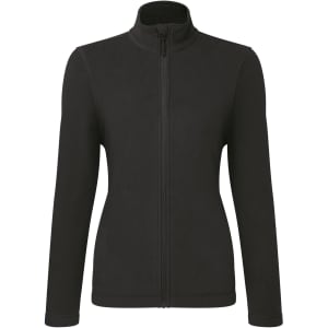 A black women's microfleece zip jacket with a high collar and long sleeves, featuring a logo on the chest.