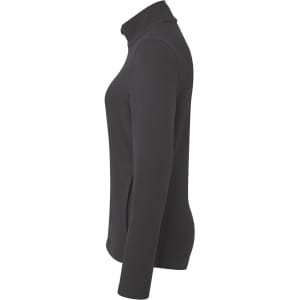 A women's zip microfleece jacket in dark grey, featuring a stand collar and long sleeves. It has a logo on the side.
