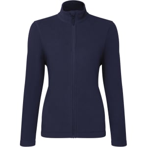 A navy microfleece zip jacket for women with a high collar and long sleeves. The jacket features a central zip and branding.