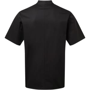 A black short-sleeved chef's jacket with a high collar and a plain back, featuring a logo.