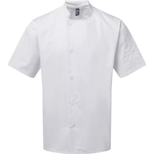 A white chef's jacket with short sleeves and a stand-up collar, featuring a logo on the chest.