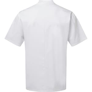 A short-sleeved white chef's jacket with a back view, featuring minimal design and a logo.