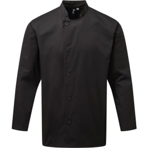 A black chef's jacket with long sleeves and a mandarin collar, featuring a logo on one sleeve.