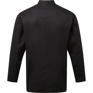 A back view of a black Chef's Essential L-S Jacket, featuring long sleeves and a simple design.