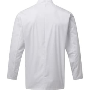 A white chef's jacket with long sleeves and a back view, featuring a simple design and a branding logo.