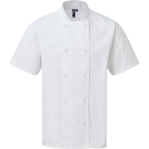 A short-sleeved white chef's jacket with a double-breasted front, featuring a logo on the collar area.