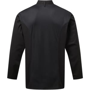 A black chef's jacket featuring long sleeves and a high collar. It has a logo on one side.