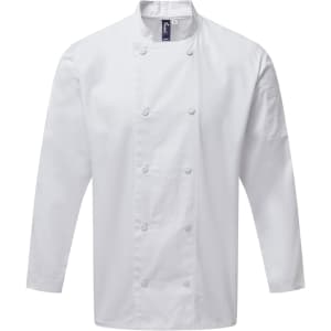 A white chef's jacket with long sleeves, featuring double-breasted buttons and a pocket. Includes a logo detail.