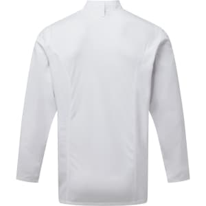 A white chef's jacket featuring a high collar and long sleeves, with a simple design and no visible logos.