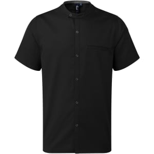 A short-sleeved black shirt featuring a mandarin collar and a single chest pocket, with a logo on it.