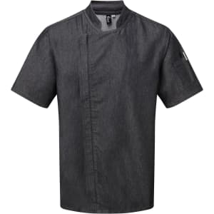 A short-sleeved chef's jacket in dark grey, featuring a side pocket and a logo on the sleeve.