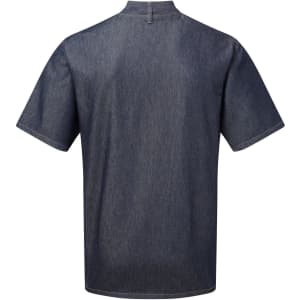 A dark denim chef jacket with short sleeves and a high collar. It features a logo on the back.